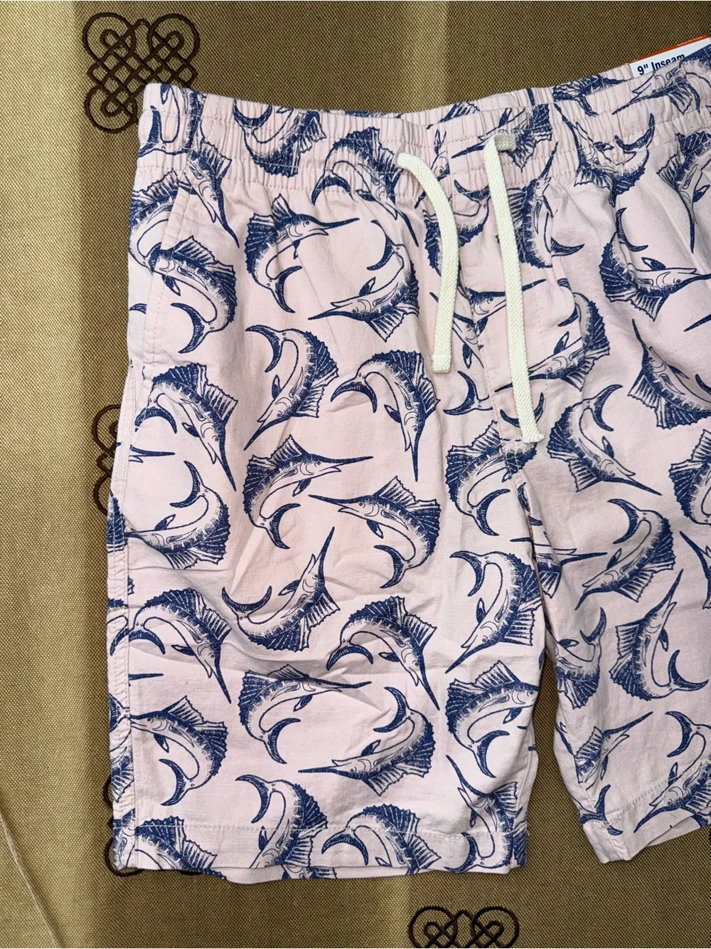Old Navy NWT! Men'S Pink Marlin Fish Print Shorts Chino Elastic Waist Drawstring